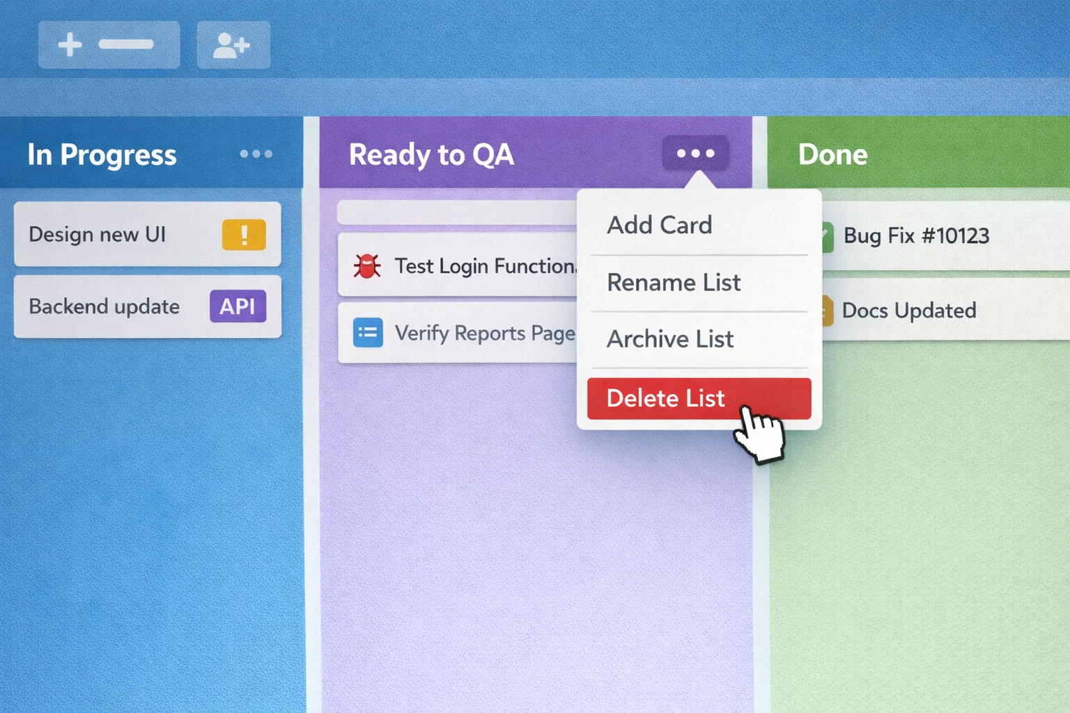 Kanban board showing QA column being deleted